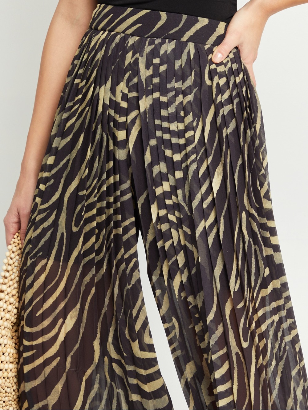 Kourt Kyla  Pleated Chiffon Zebra-Print Maxi Pants in Tan & Black - Picture 6 of 12